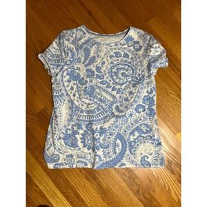 Talbots Petite Paisley Print Cotton Top Short Sleeve Blue White LP